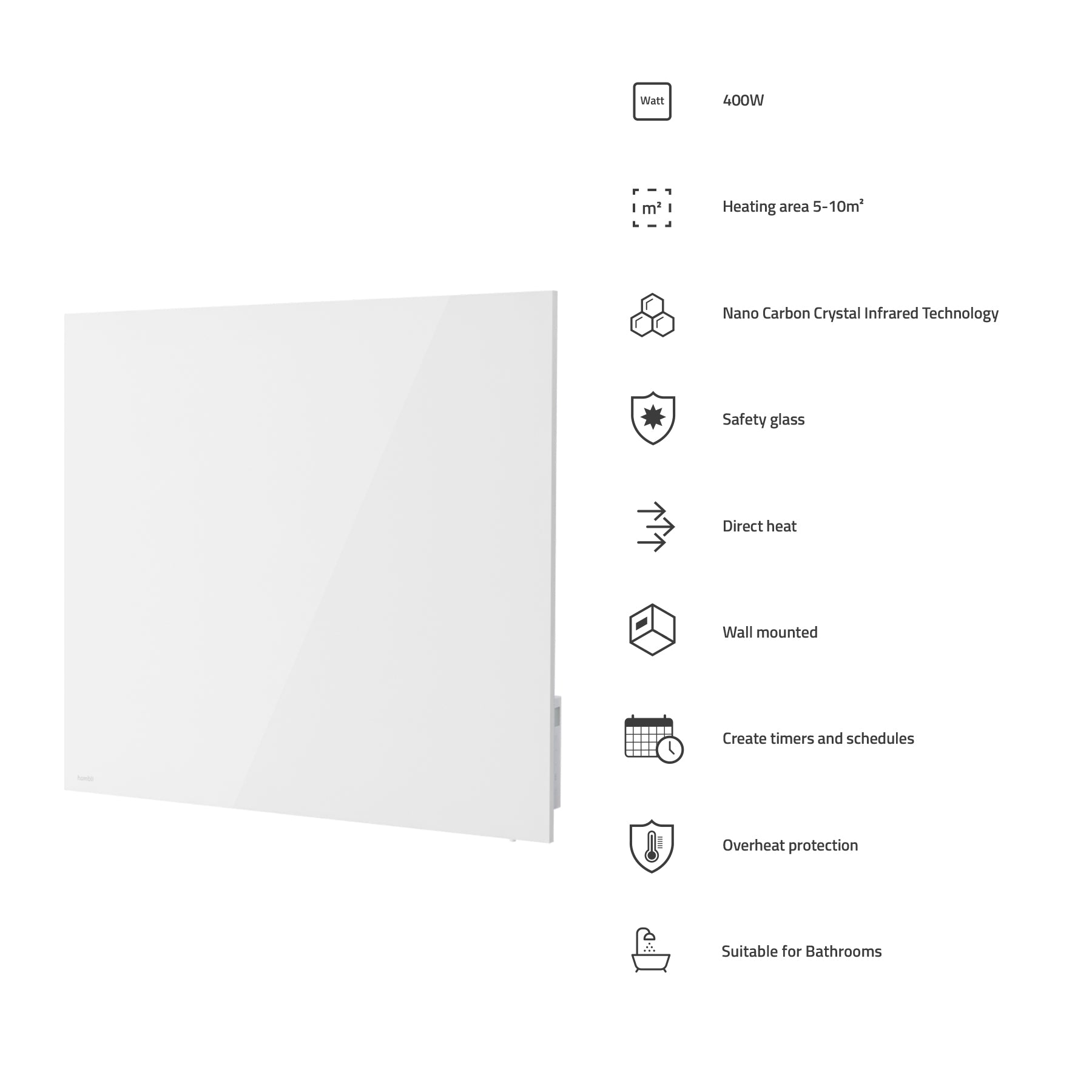 Smart Ir Radiator Hombli Smart Infrared Panel Heater - 400W White Glass